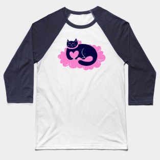 Arrogant blue cat sitting on pink cloud of hearts Baseball T-Shirt